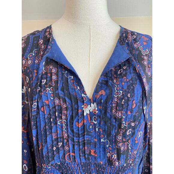 Women's Navy Blue Floral Notched Neck Pleated Longsleeve Mini Shift Dress size 6 - Picture 3 of 8